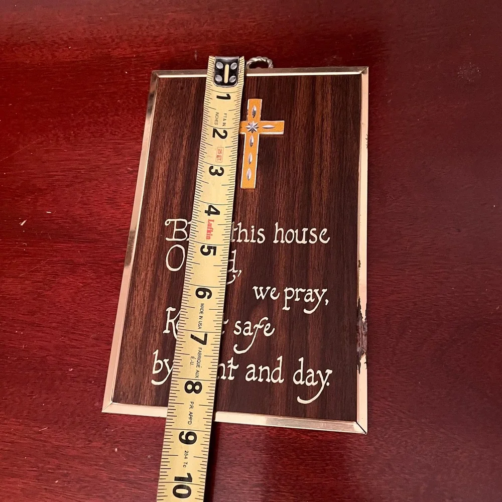 VTG 1970s Bless This House Wall Plaque Retro Christian Prayer Cross Faux Wood